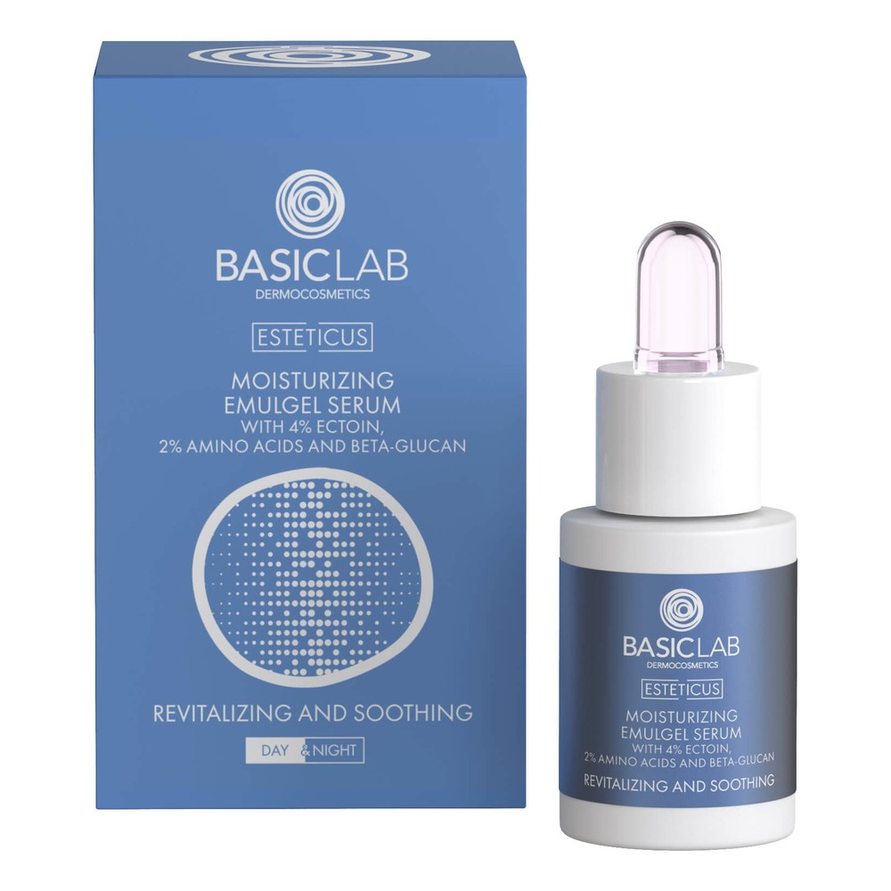 BasicLab Dermocosmetics Moisturizing Emu-Face Gel with 4% Ectoine, 2% Amino Acids and Beta-Glucan Revitalization and Soothing for Day and Night 15ml