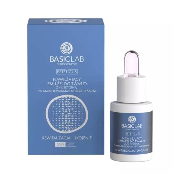 BasicLab Dermocosmetics Moisturizing Emu-Face Gel with 4% Ectoine, 2% Amino Acids and Beta-Glucan Revitalization and Soothing for Day and Night 15ml