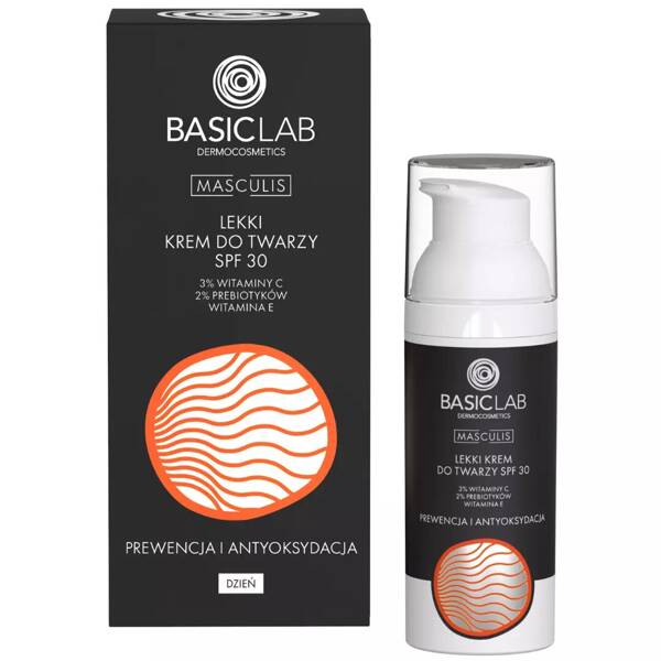 BasicLab Masculis Light Face Cream SPF30 3% Vitamin C 2% Prebiotics Vitamin E Prevention and Antioxidation for Men 50ml