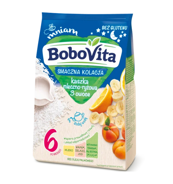 BoboVita Tasty Dinner Milk and Rice Porridge 3 Fruits for Babies after 6 Months 230g