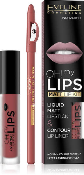 Eveline Oh My Lips Matt Liquid Lipstick and Pencil No. 15 Deep Coral 1 Piece