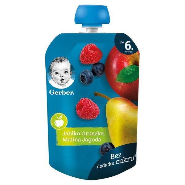 Gerber Dessert Mousse Apple Pear Raspberry and Blueberry for Children after 6 Month Without Sugar 90g
