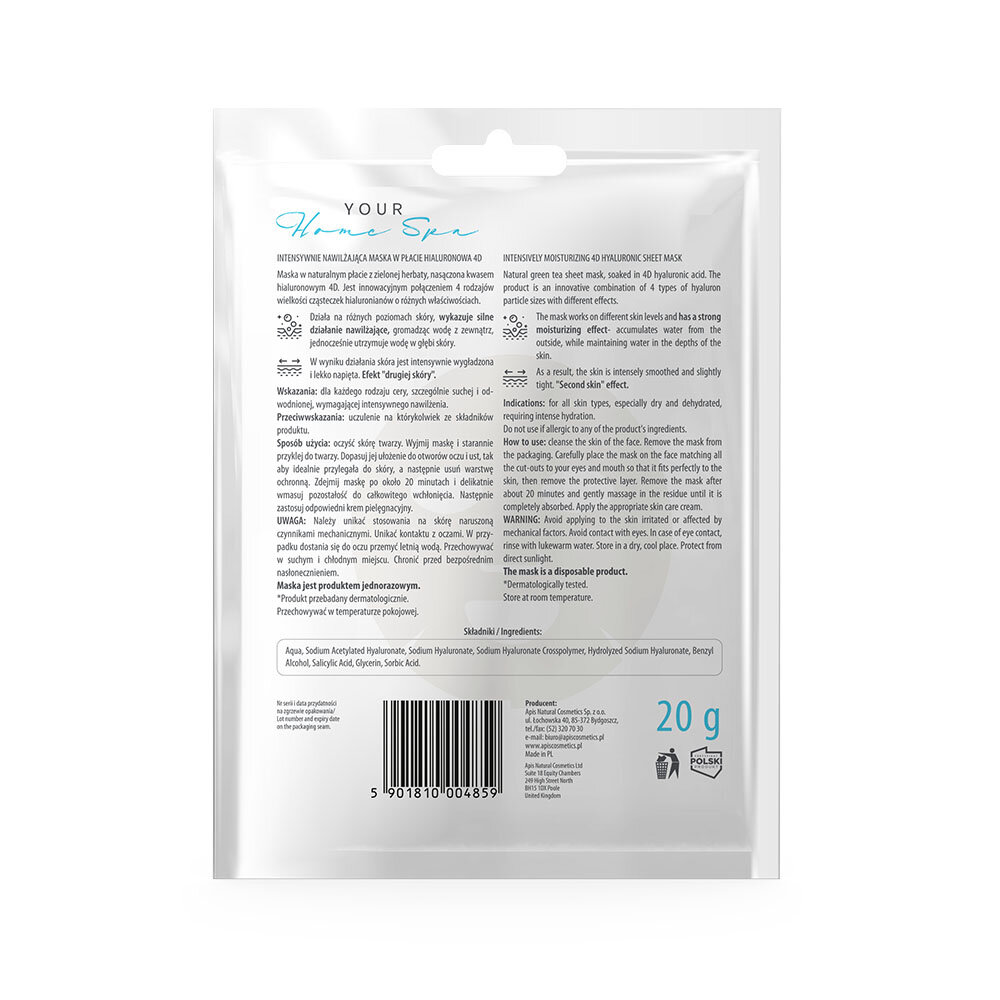 Apis Intensively Moisturizing Hyaluronic 4D Sheet Mask for Dry and Dehydrated Skin 20g