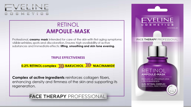 Eveline Face Therapy Professional Ampoule-Mask Retinol Reducing Wrinkles and Discoloration Cream Mask for Skin with First Signs of Aging 8ml