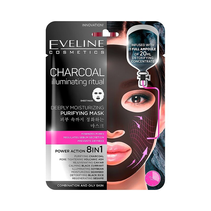Eveline Sheet Mask Charcoal Fabric Mask 8in1 Cleansing Moisturizing 1 piece