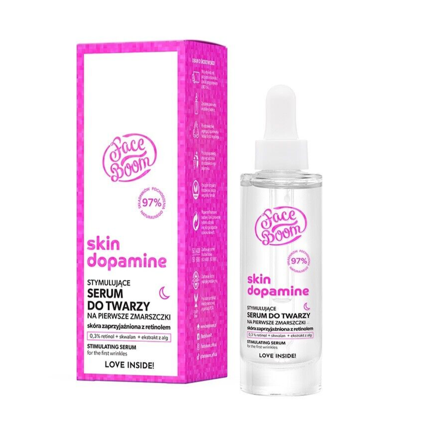 FaceBoom Skin Dopamine Stimulating Serum with Retinol 0.3% for Face for First Wrinkles 30ml Best Before 30.09.24