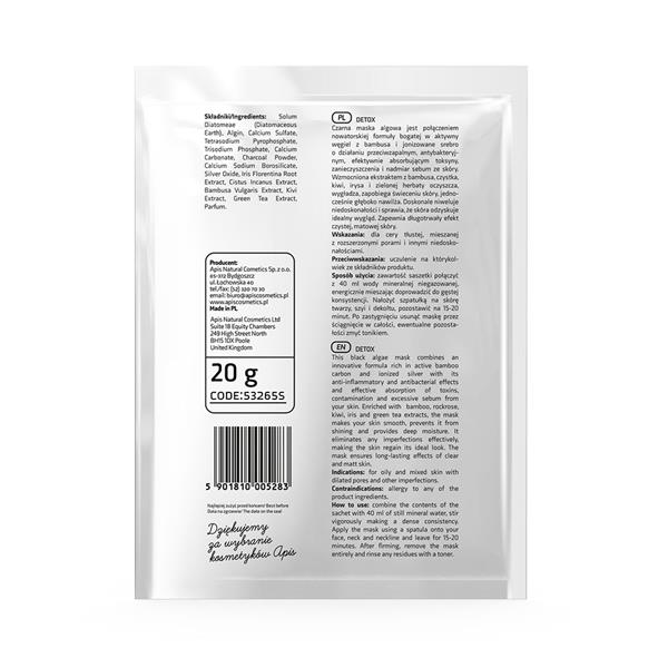 Apis Professional Detox Detoxifying Algae Mask with Bamboo Charcoal and Ionized Silver for Oily and Combination Skin 20g