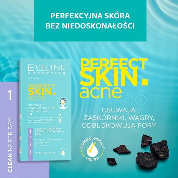 Eveline Perfect Skin Acne Cleansing Nose Strips with Active Charcoal for Problematic Skin 4 Pieces