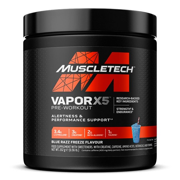 MuscleTech Vapor X5 Pre-Workout For Energy and Focus Blue Razz Freeze 252g