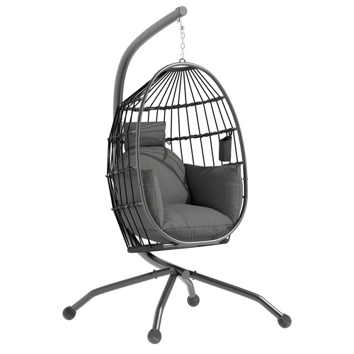 Outsunny Hanging Egg Chair Outdoor Indoor Garden Swing Chair with Folding Basket and Thickened Cushion, Garden Hanging Chair with Stand, Headrest, Cup Holder for Patio, Balcony, Dark Grey