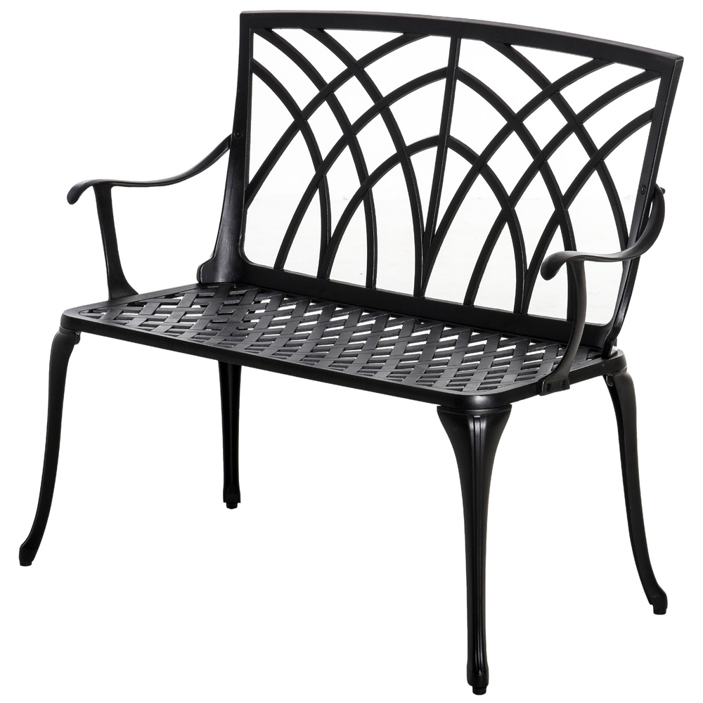 Outsunny 2-Seater Cast Aluminium Garden Bench Loveseat Outdoor Furniture Chair w/ Decorative Backrest & Ergonomic Armrest for Patio Terrace Porch