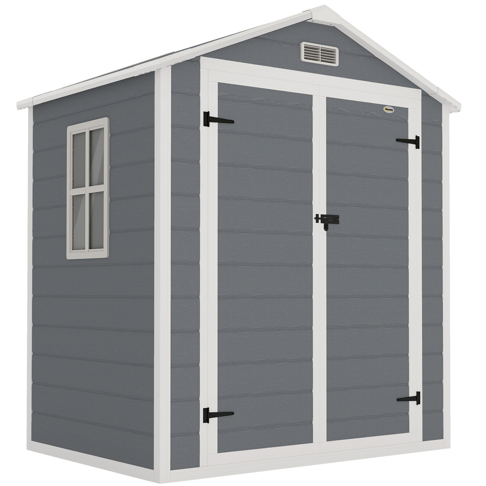 Outsunny 6x4.5ft Garden Storage Shed, Lockable Shed for Small Terraced Gardens with Double Doors, Window, Vent and Plastic Roof, Low Maintenance, Grey
