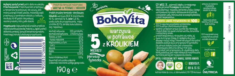 BoboVita Warzywa w Potrawce z Królikiem dla Niemowląt po 5 Miesiącu Życia 190g