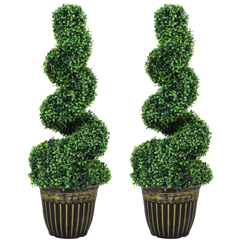 HOMCOM Set of 2 Artificial Plants, Topiary Spiral Boxwood Trees with Pot, for Home Indoor Outdoor Decor, 90cm