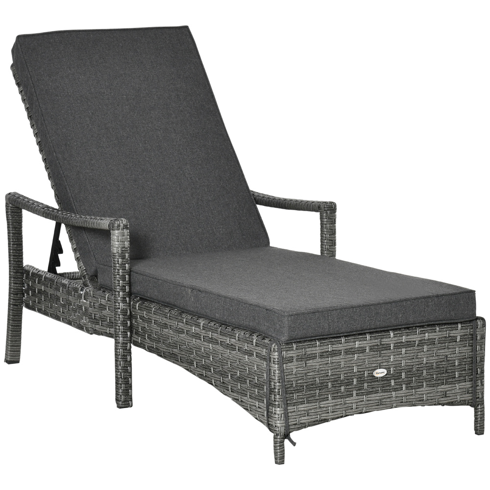 Outsunny Patio Rattan Sun Lounger, Dual Wicker Weave Outdoor Single Reclining Chair Furniture, 5-Level Adjustable Backrest w/ Removeable & Washable Cushion, Mixed Grey