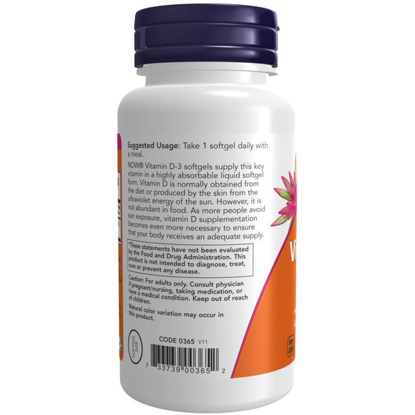 Now Foods Vitamin D-3 1000 IU Wsparcie Odporności Mózgu i Mięśni 180 Kapsułek