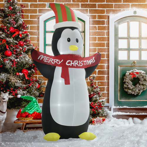 HOMCOM 8ft Inflatable Penguin & Christmas Banner Decoration Indoor Outdoor Weather-Resistant Shell Fun Cute