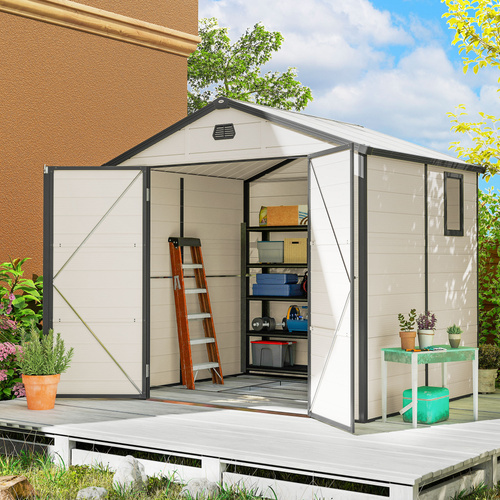 Outsunny 7.9ft x 6.2ft Recycled Garden Shed with Aluminium Frame and Plastic,  Wall Shed with Foundation, Waterproof and Rustproof - Cream White