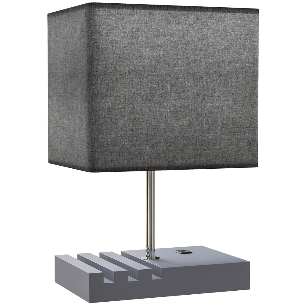 HOMCOM Bedside Lamp with USB A+C Charging Ports and 3 Phone Stands, Modern Table Lamp with Solid Wood Base and Fabric Shade for Bedroom Living Room Office, E27 Socket, Bulb Not Included, Grey