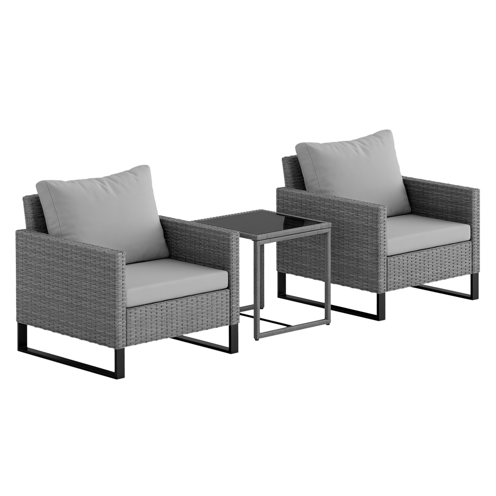 Outsunny 3 Pieces Rattan Bistro Set with 4 Cushions, Wicker Garden Furniture Set, Glass Top Coffee Table and Chairs for Outdoor Patio, Balcony, Terrace and Conservatory, Grey