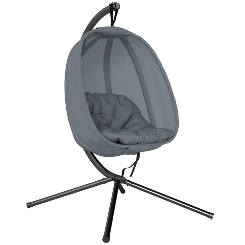 Outsunny Hanging Egg Chair, Folding Texteline Swing Hammock with Side Pocket, Cushion and Stand for Indoor Outdoor, Patio Garden Furniture, Grey