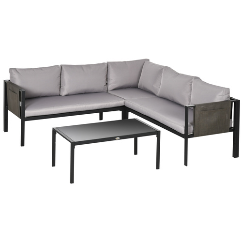 Outsunny 5 Seater Garden Corner Sofa Set, 4 Pieces Metal Garden Furniture Set with Loveseats, Glass Top Coffee Table, Breathable Mesh Pocket, Outdoor Conversation Furniture with Cushions, Light Grey
