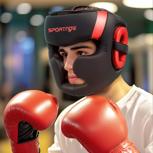 SPORTNOW Boxing Headguard w/ Adjustable Strap for Sparring, Kickboxing, MMA, Red/Black
