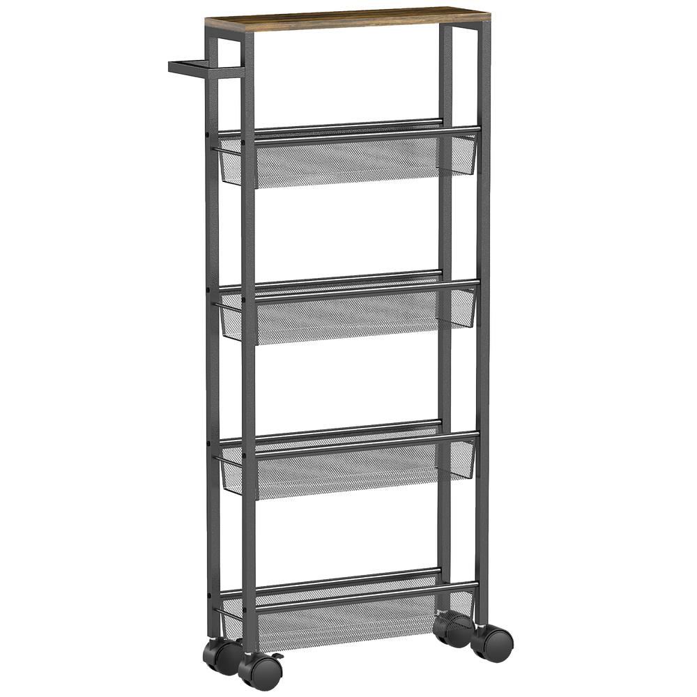 HOMCOM Slim Storage Trolley, 5-Tier Kitchen Cart on Wheels with Wood-effect Top, Handle for Living Room, Bathroom, Black