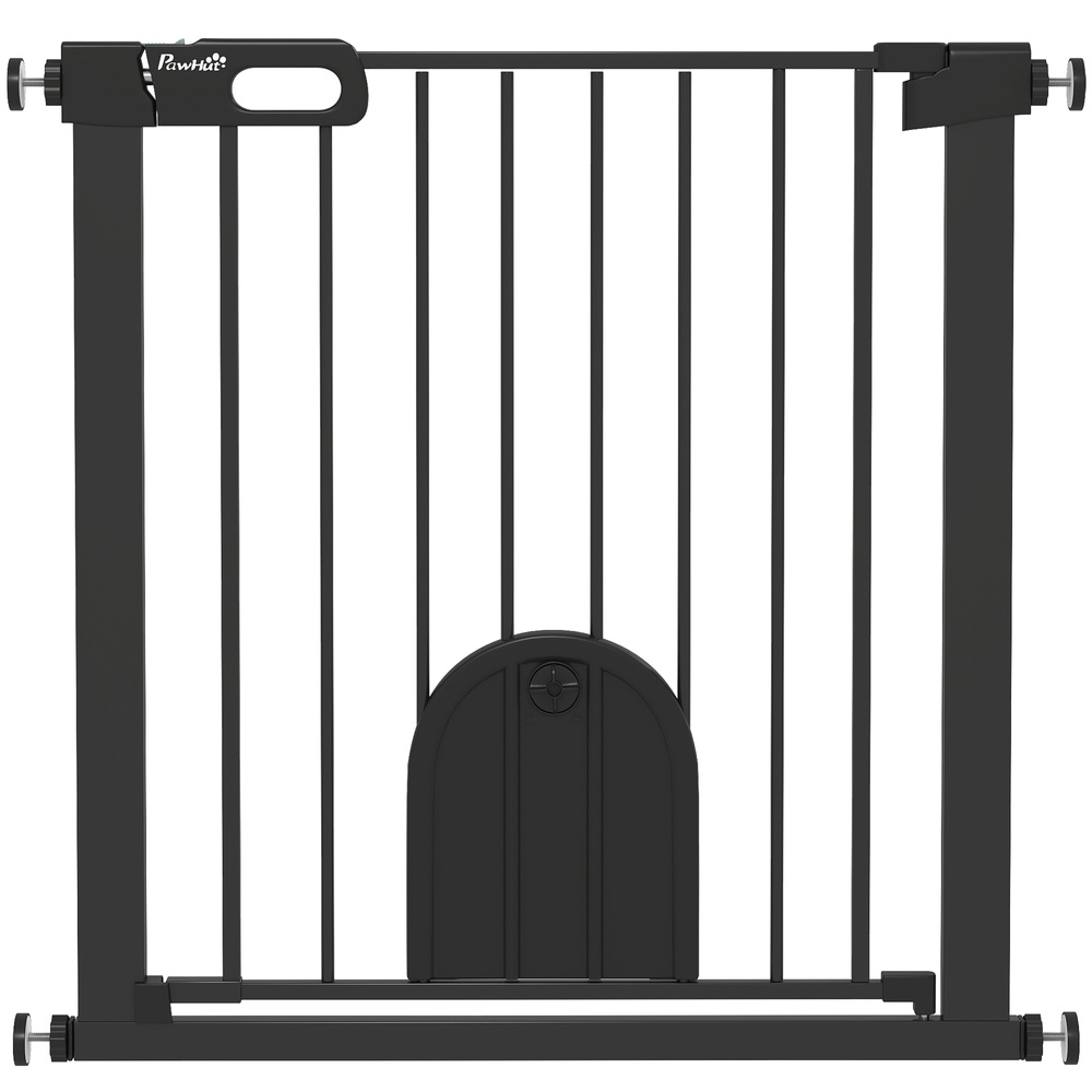 PawHut Dog Gate with Cat Flap Pet Safety Gate Barrier, Stair Pressure Fit, Auto Close, Double Locking, for Doorways, Hallways, 75-82 cm Black