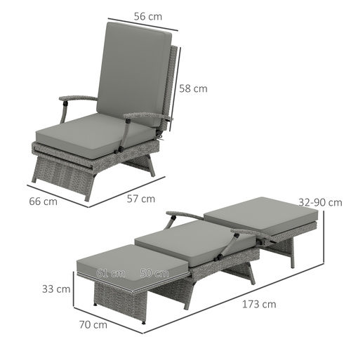 Outsunny 80° Reclining Rattan Lounger - Grey
