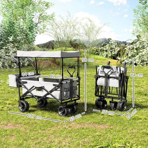 Outsunny Folding Trolley Cart Storage Wagon Beach Trailer 4 Wheels with Handle Overhead Canopy Cart Push Pull for Camping, Grey