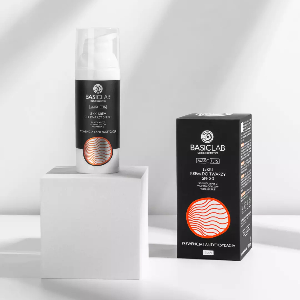 BasicLab Masculis Krem Antyoksydacyjny SPF30 z Witaminą C i Prebiotykami dla Mężczyzn - 50 ml