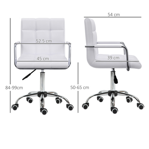 Vinsetto Makeup Vanity Chair, PU Leather Mid Back Office Chair with Adjustable Height, Armrest and Rolling Wheels, White