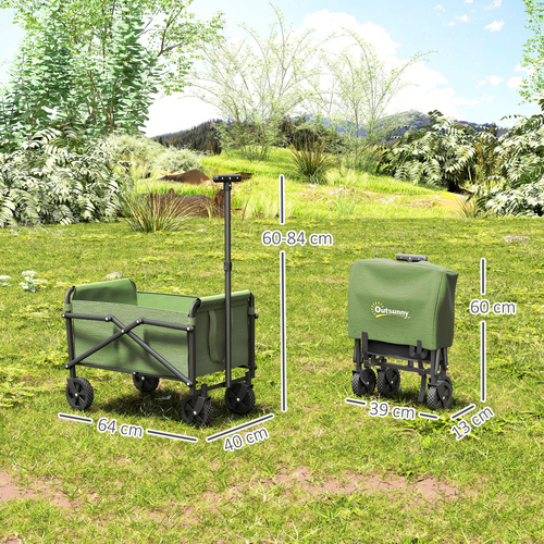 Outsunny 41L Festival Trolley on Wheels, Compact Garden Folding Trolley Cart, 60kg Heavy Duty Collapsible Foldable Wagon with Adjustable Handle and Carrying Bag for Beach, Camping, Festival, Green