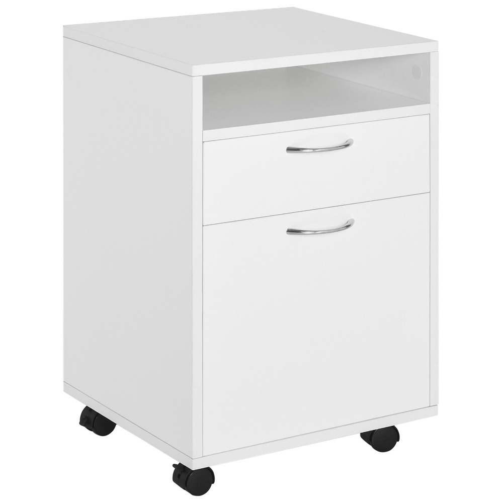 HOMCOM Filing Cabinet, Mobile File Cabinet with 2 Lockable Drawers, Office Home Organiser on Wheels for A4, Letter-Size File Folders, Mobile Printer with Open Shelf, White