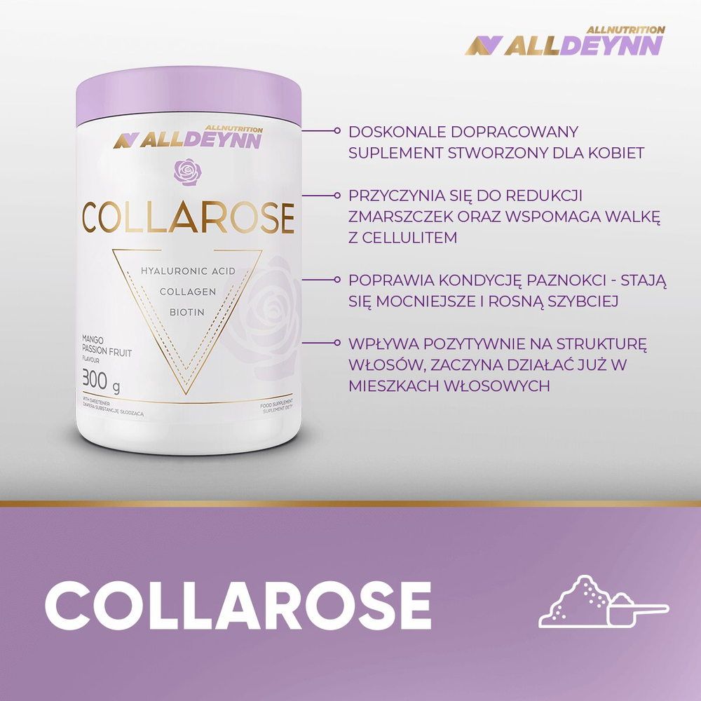 AllDeynn Collarose Collagen Hyaluronic Acid and Biotin for Healthy Skin with Mango Passion Fruit Flavor 300g