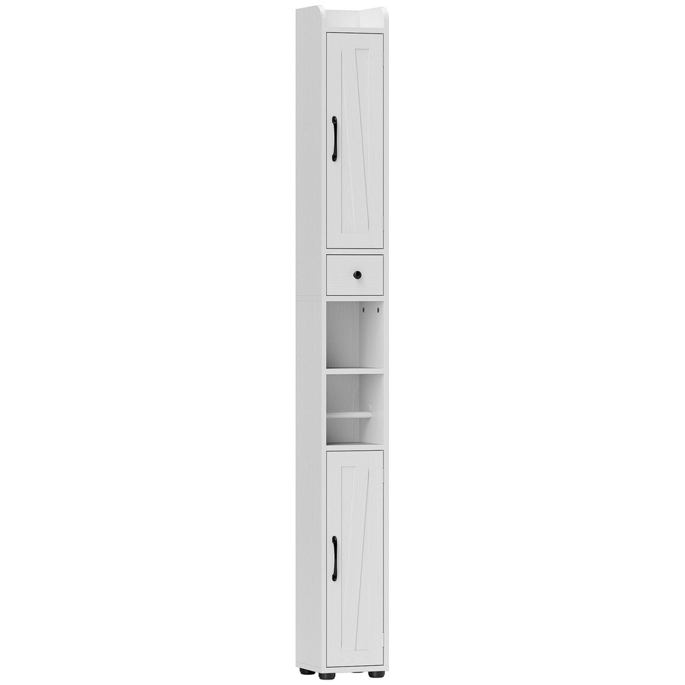 HOMCOM Tall Bathroom Cabinet, Farmhouse Slim Bathroom Storage Cabinet with Barn Doors, Toilet Paper Roll Holder, Drawer and Adjustable Shelves, Narrow Bathroom Storage Unit, 20 x 20 x 185cm, White