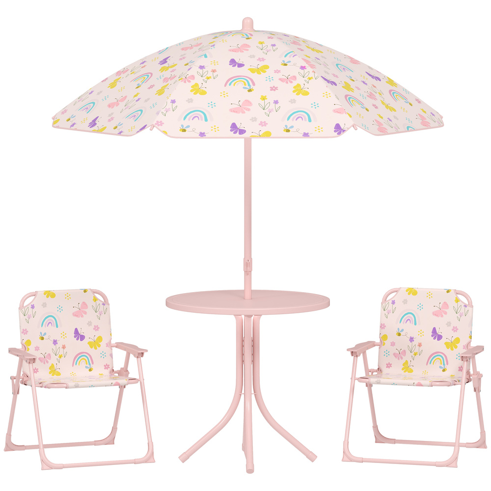 AIYAPLAY 4-Piece Kids Garden Table and Chair Set with Adjustable Parasol, Folding Chairs, Table, Rainbow Pattern, Pink