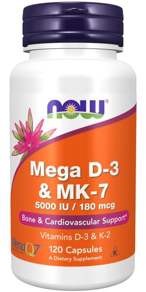 NOW Foods Mega D-3 i MK-7 Na Zdrowe Kości i Układ Sercowo-Naczyniowy 120 Kapsułek