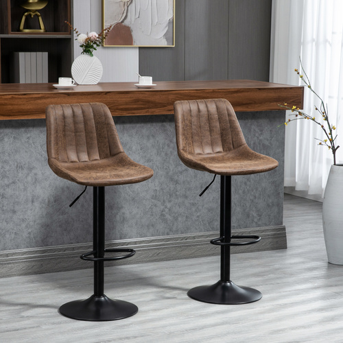 HOMCOM Breakfast Bar Stools Set of 2, 59-80cm Sitting Hight Leather Upholstered Bar Chairs - Brown