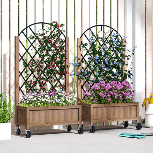 Outsunny Wooden Planter, with Metal Trellis - Brown/Black