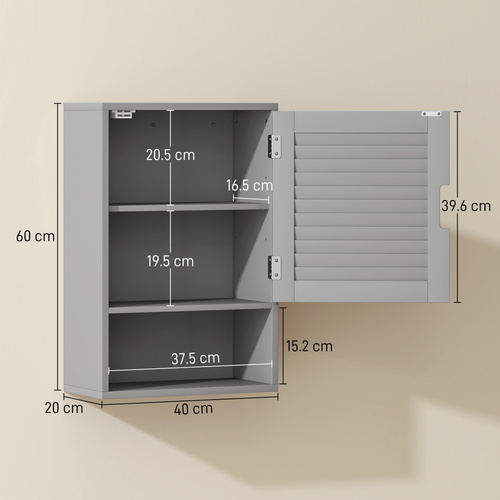 HOMCOM Bathroom Cabinet, Wall Mounted Storage Cabinet with Adjustable Shelves, 40 x 20 x 60 cm, Grey