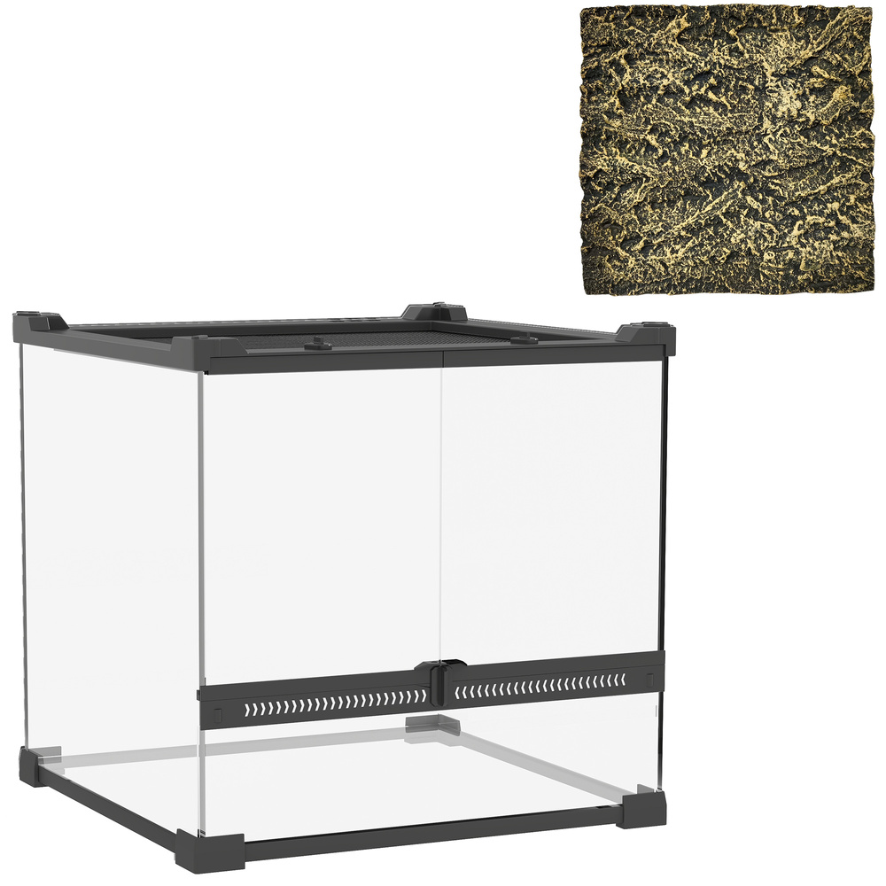 PawHut Reptile Glass Terrarium with Stone Background, Front Ventilation, Escape-Proof Knob Lock, 30 x 30 x 30 cm, Black