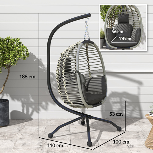 Outsunny Outdoor Swing Chair with Thick Padded Cushion, Patio Hanging Egg Chair with Metal Stand, Foldable Basket, Cup Holder, Rope Structure for Indoor & Outdoor, Dark Grey