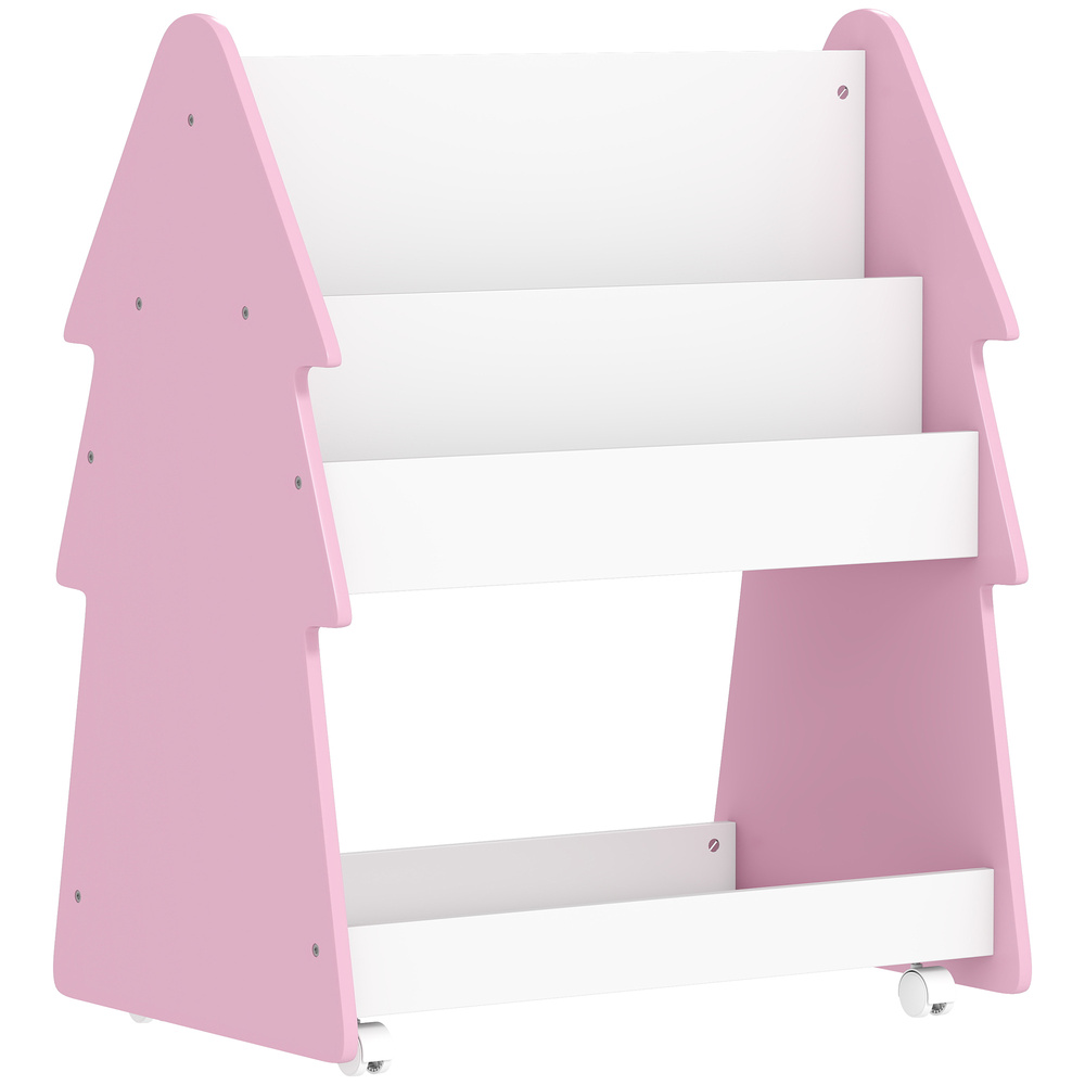 AIYAPLAY Kids Bookshelf with Toy Storage, Double-Sided Bookcase with Wheels, 3 Tier Kids Book Rack for Bedroom, Pink
