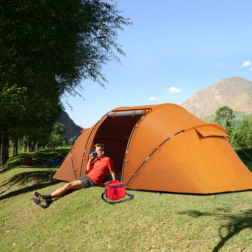 Outsunny 4-6 Man Camping Tent with Living Area and 2 Bedrooms, Hiking Sun Shelter, UV Protection Tunnel Tent, Orange