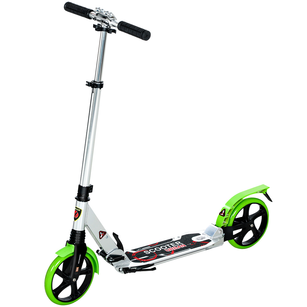 HOMCOM Folding Kick Scooter, Adjustable Ride On Scooter with 200mm Big Wheels and Double Shock Absorption, Urban Scooter for 14+ Teens Adult, Green