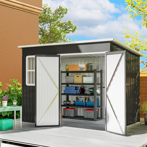 Outsunny 8.5 x 6ft Storage Shed Galvanised Steel Garden Shed, Metal Shed with Foundation Kit, Window, Lockable Wide Doors and Air Vents for Outdoor Patio, Dark Grey