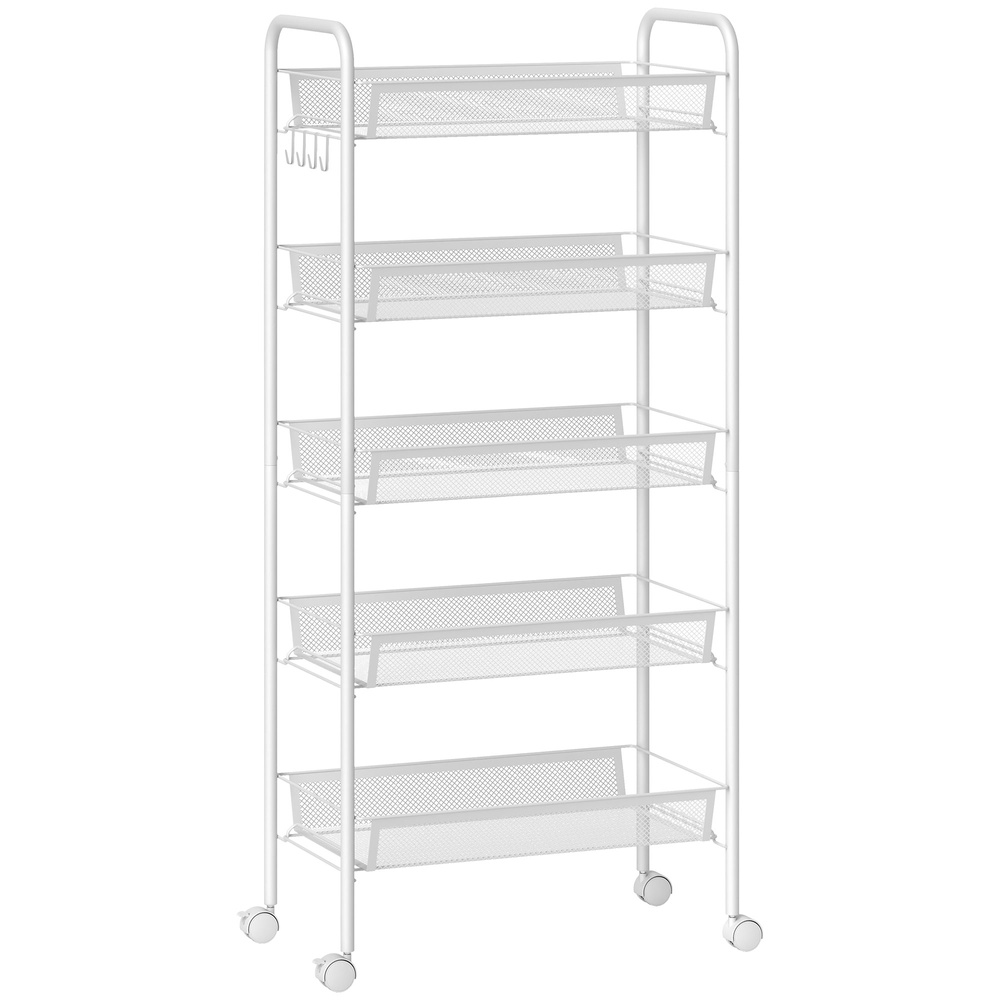 HOMCOM Five-Steel Mesh Basket Storage Trolley, with Wheels - White