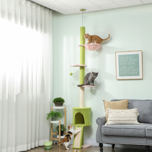PawHut 220-240 cm Floor to Ceiling Cat Tree Adjustable Height with Hammock, Condo, Scratching Posts, Green
